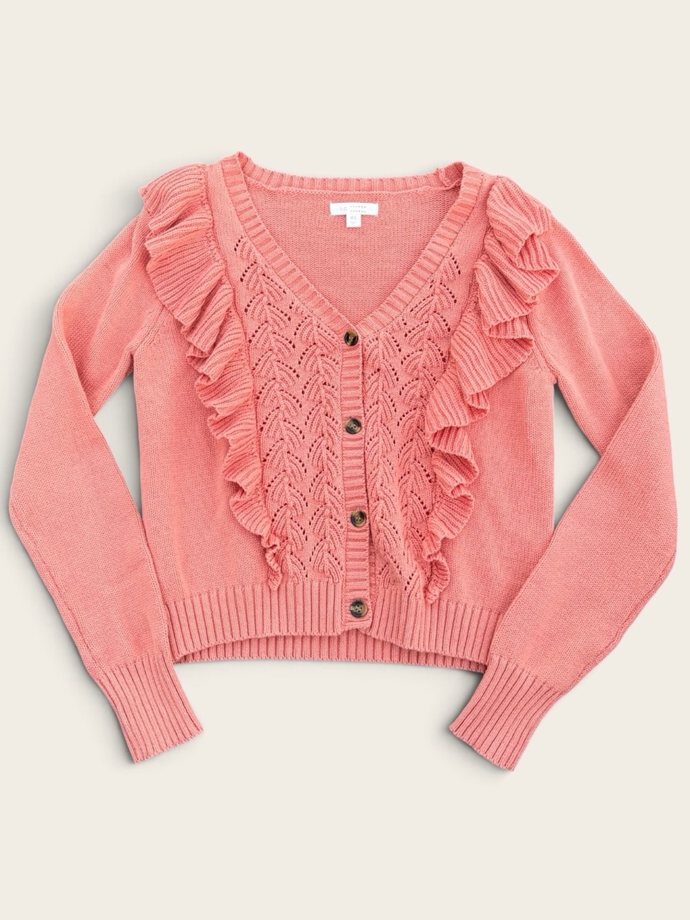 LC Lauren Conrad Coral Ruffle Pointelle Knit Cardigan Sweater XS Cotton Blend
